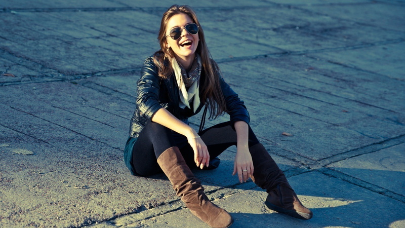 women, lifestyles, sitting, 1080P, brunette, leisure activity, smiling, scarf, leather boots, outdoors, leather jackets, Lily C, model, beauty, Public
