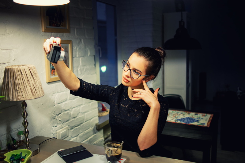 hairbun, lamp, women, 1080P, coffee, selfies, black nails, women with glasses, portrait, bricks, cellphone, cup, camera