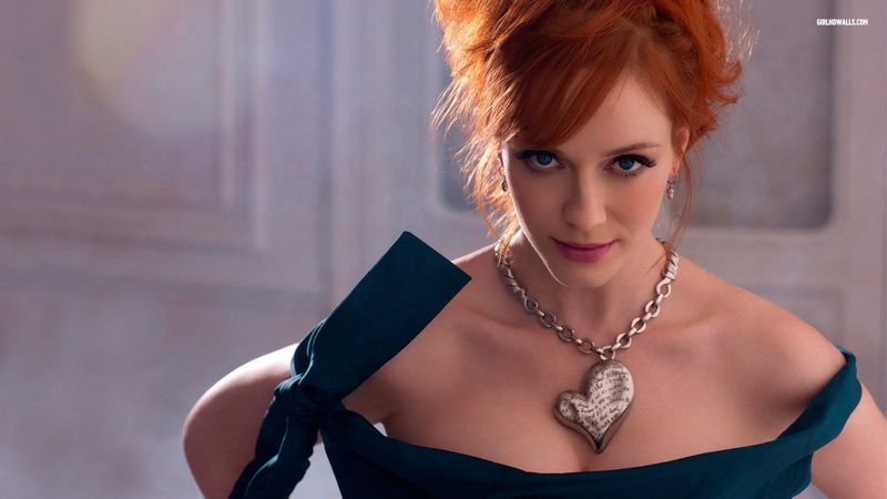 headshot, jewelry, necklace, blue eyes, hairstyle, front view, Christina Hendricks, young adult, looking at viewer, beautiful woman, lifestyles, blue dress