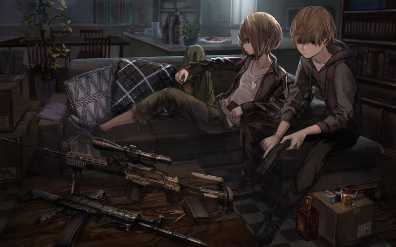gun, 2K, living rooms, bullet, illustration, anime, pistol, military, Pixiv, couch, anime girls, weapon, assault rifle, anime boys, original characters