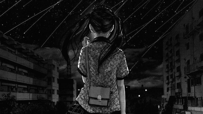 manga, monochrome, 1080P, telephone, city, rain, twintails, back, night, stars