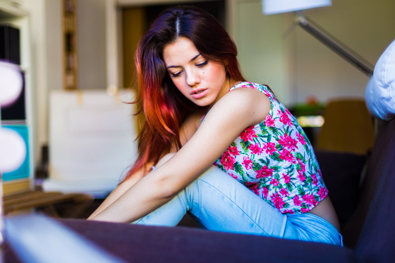 three quarter length, hair, contemplation, real people, jeans, women, sitting, hairstyle, Delaia Gonzalez, one person, indoors, adult, 720P, model, leisure activity