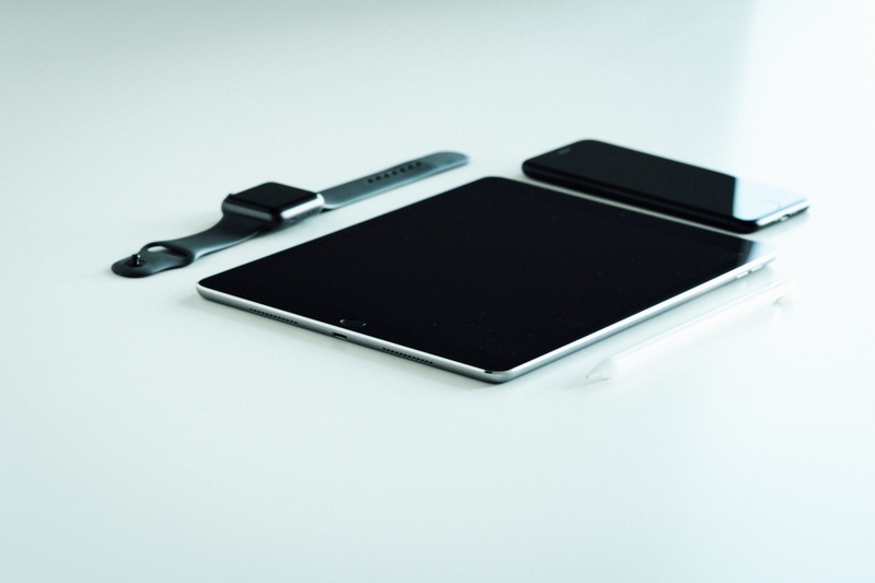 business, tablet, office supply, education, close-up, high angle view, copy space, technology, black color, gray, watch, table, no people, white background