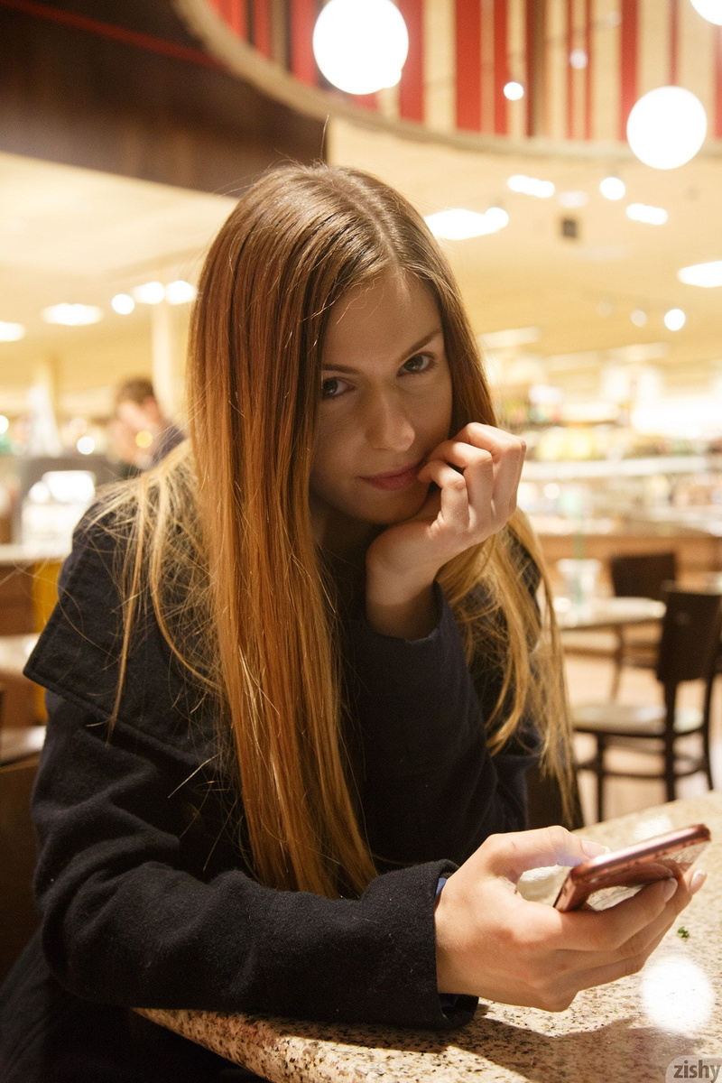 1080P, restaurant, black coat, Ombre Hair, women, looking at viewer, zishy, Stella Cox, long hair, women indoors
