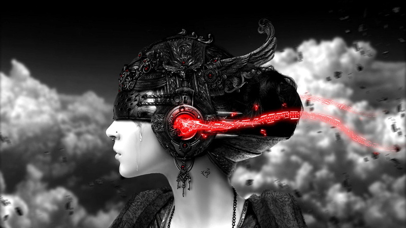 digital art, cloud, red, black, girl, headphones, listening, 1920x1080, crying, 1080P, art, music, woman