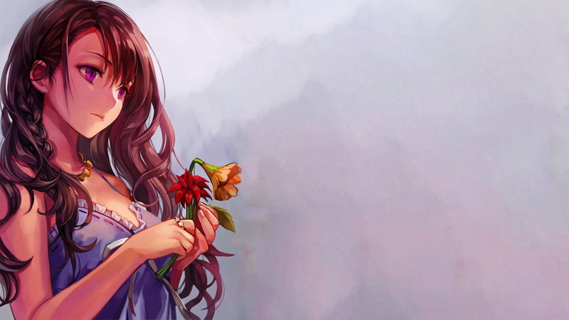holding, 1080P, Fantasy, Cute, Girl, Anime, female, wearing, flower, character, nighties