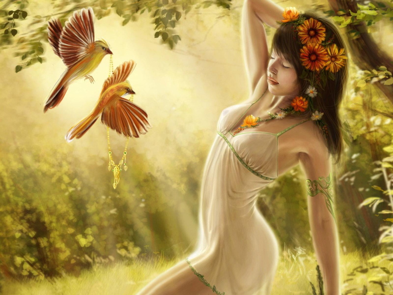 adult, women, woman, nature, girl, beauty, birds, animal wing, grass, fashion, hairstyle, two, 720P, hair, contemplation, white, flying, tree