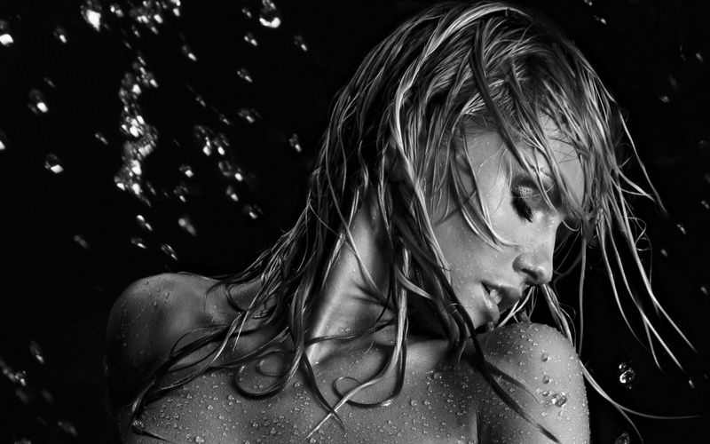 focus on foreground, closed eyes, headshot, model, lifestyles, wet hair, childhood, child, young adult, leather, water, portrait, looking down, front view