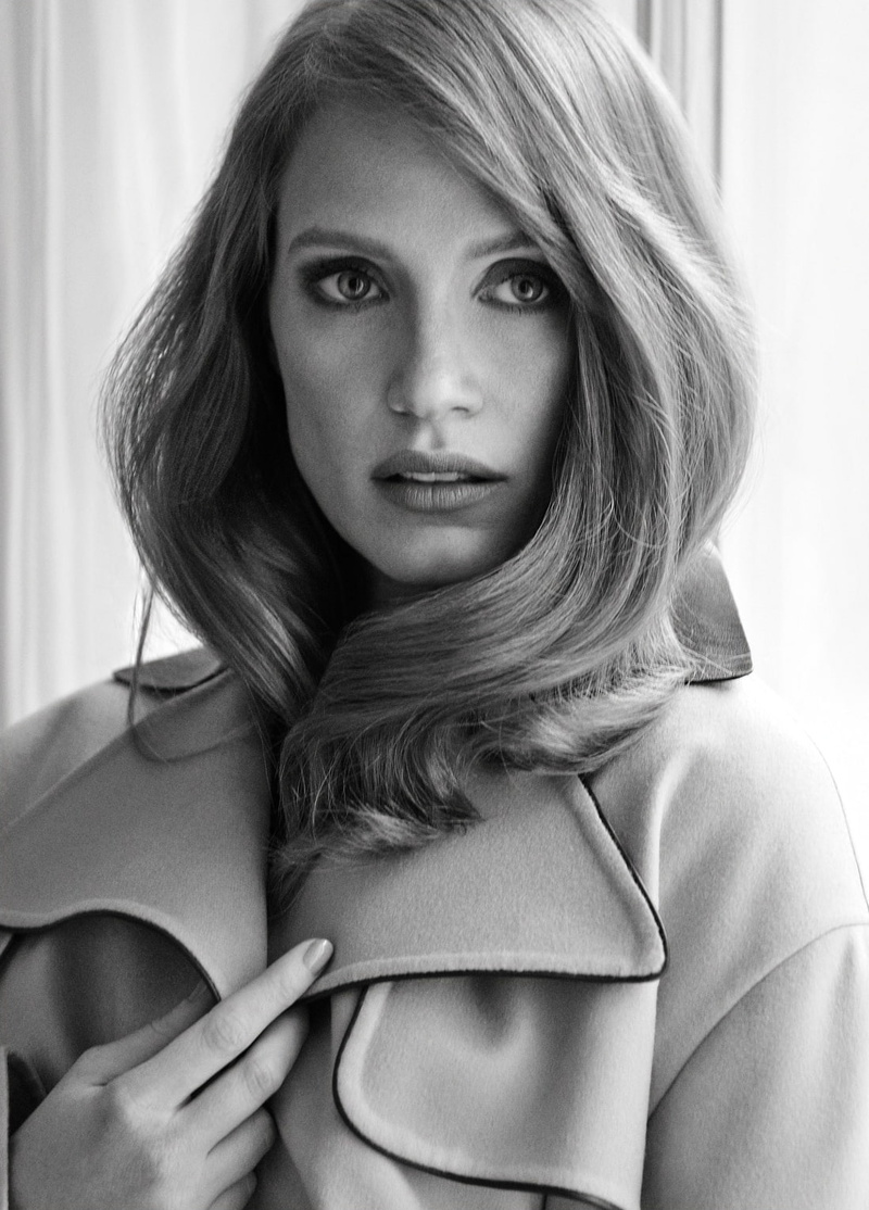 adult, Jessica Chastain, white coat, actress, care, clothing, headshot, contemplation, long hair, portrait, one person, monochrome, indoors, looking at camera