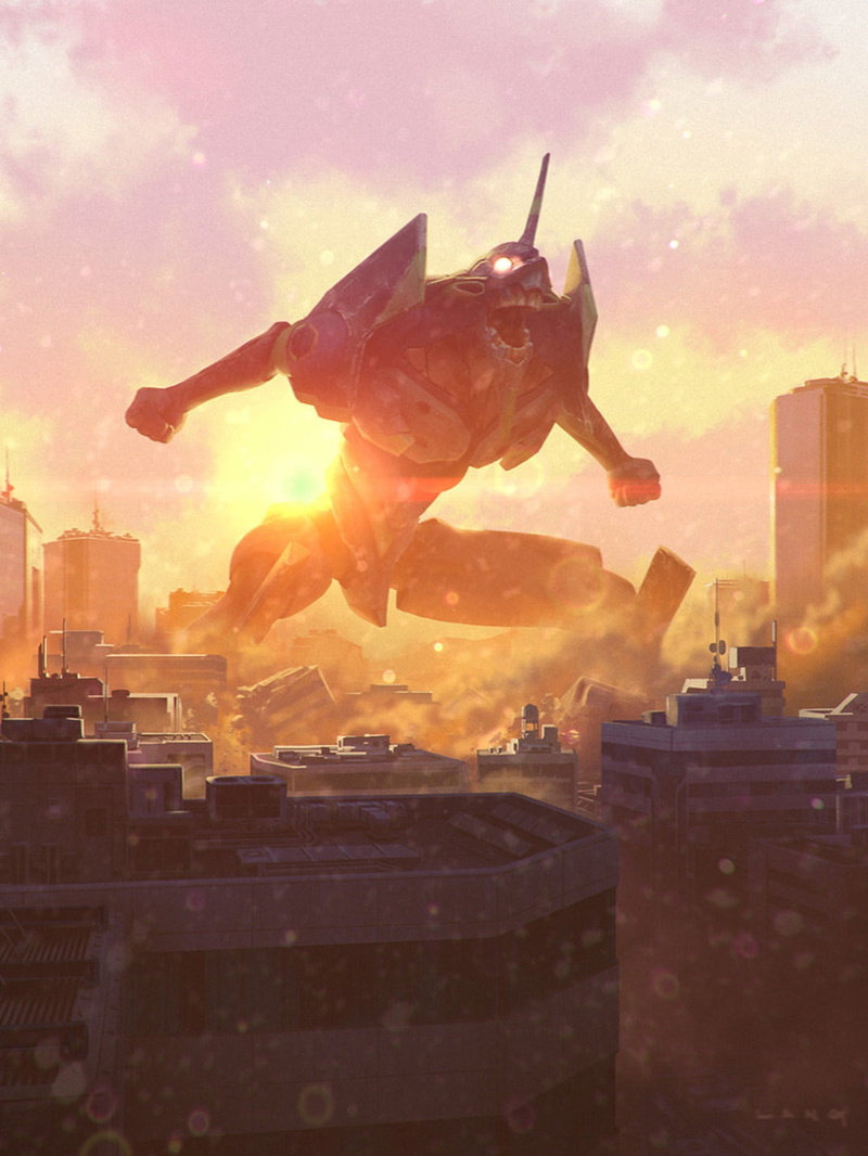 clear sky, mecha fight, fan art, sunset, 720P, mech, vertical, EVA Unit 01, city, Neon Genesis Evangelion, 3D