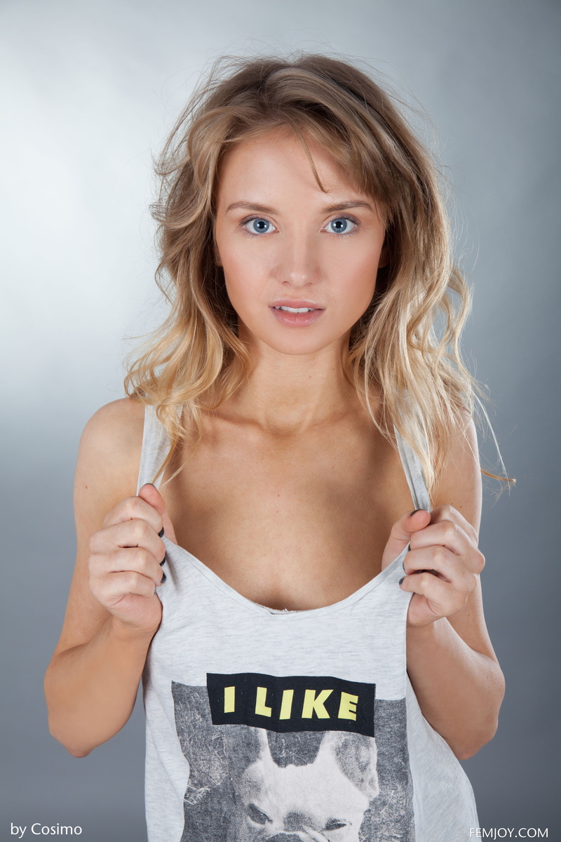 indoors, beauty, looking at camera, Femjoy Magazine, hairstyle, gray background, blonde, mouth open, beautiful people, blue eyes, body part, human body part