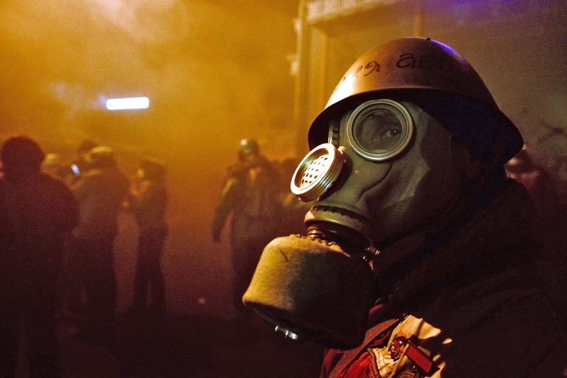 men, focus on foreground, Maidan, obscured face, occupation, security, arts culture and entertainment, disguise, clothing, Ukraine, gas mask, protection