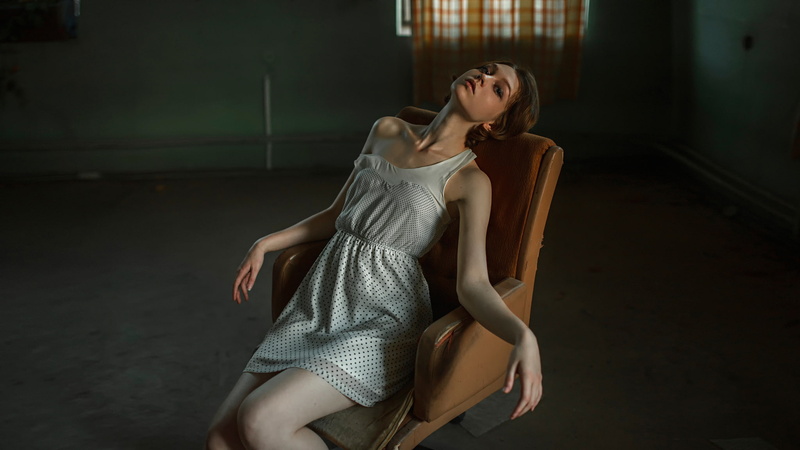 women, girl, midi, 1080P, The strange Olya, sleeveless, George Chernyadev, s, dress, chair, gray, Ola Pushkina