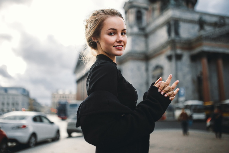 women, portrait, looking at viewer, blonde, black clothing, Julia Tavrina, black coat, smiling, 1080P, Ivan Proskurin
