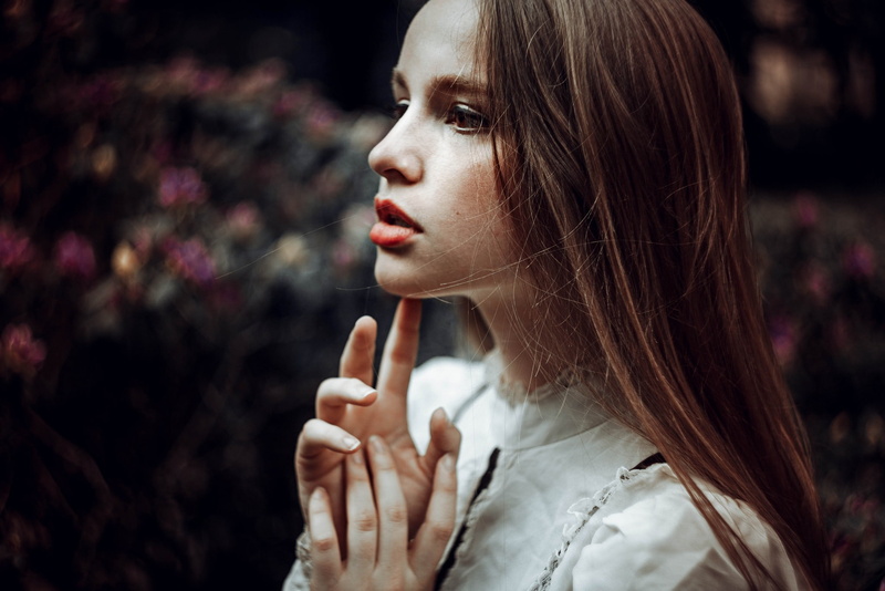 portrait, teenager, young adult, young women, one person, brown hair, long hair, 1080P, focus on foreground, contemplation, looking, face, hair, close-up
