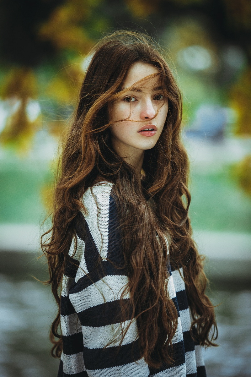 women outdoors, juicy lips, model, 1080P, sweater, depth of field, portrait display, wavy hair, windy, striped clothing, brunette, long hair, Ivan Proskurin