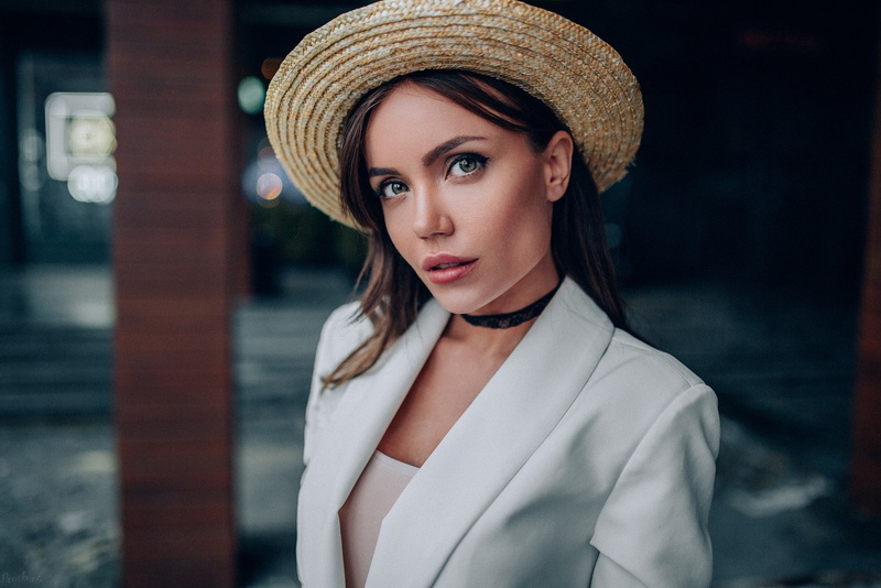 women, hat, 1080P, women outdoors, portrait, Ivan Proskurin, face, wide jaw, brunette, juicy lips