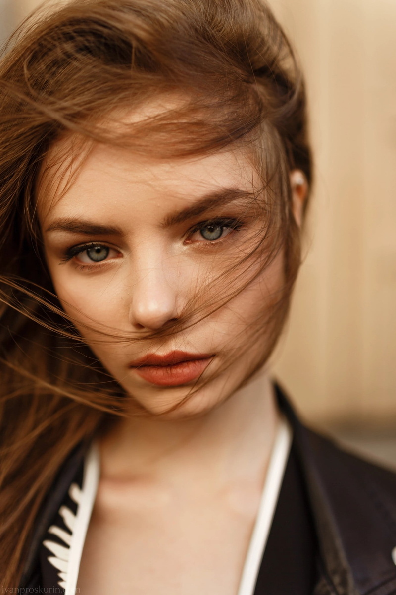 Ivan Proskurin, blue eyes, portrait display, women, windy, brunette, model, face, 1080P, pink lipstick, hair in face