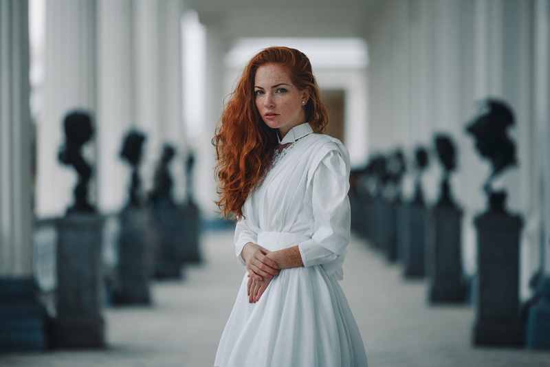 1080P, russian, pretty, girl, model, light, Ivan Proskurin, bokeh, beauty, portrait, sweetheart, freckled, white, Oksana, red, chic, look, monuments, Oksana Butovo