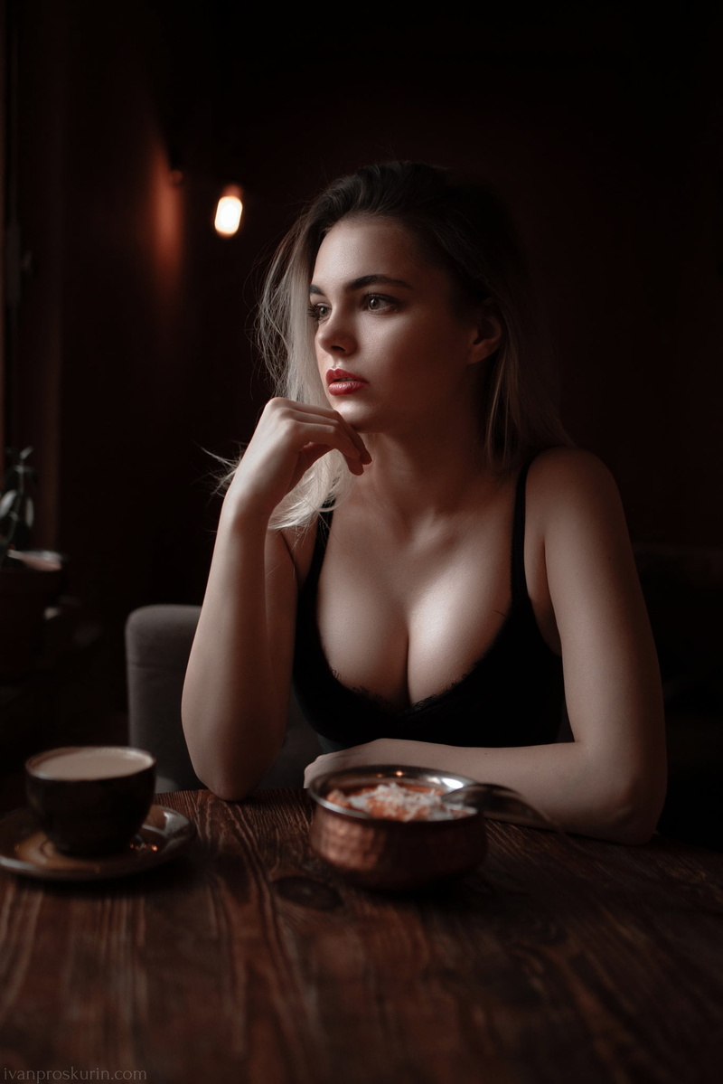 coffee, cup, looking away, women, Ombre Hair, black clothing, Ivan Proskurin, dress, makeup, table, 1080P
