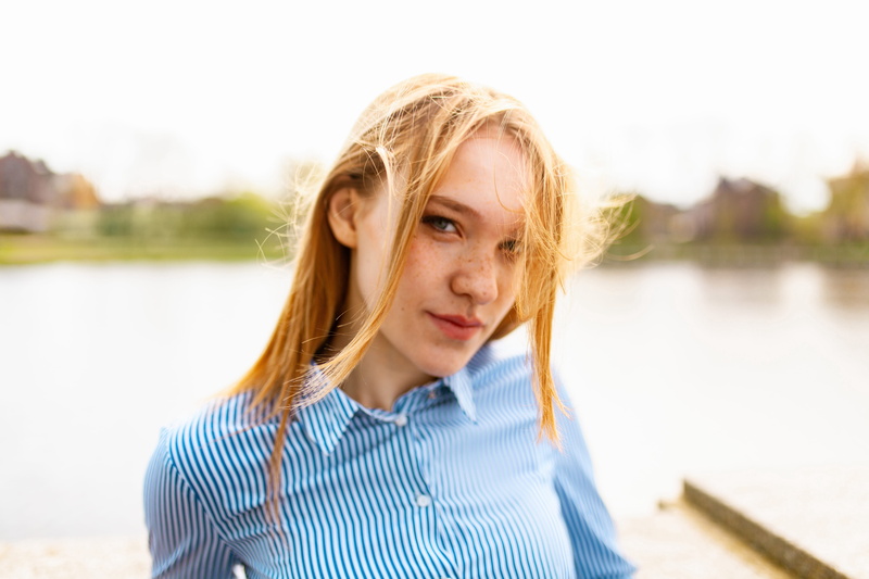 lifestyle, fashion, outdoors, pretty, one person, selfie, smile, day, hair, casual, lady, long hair, casual clothing, face, blue, lake, young adult, style