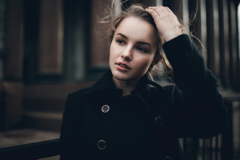 women, Julia Tavrina, coats, looking away, 1080P, blonde, face, black coat, portrait