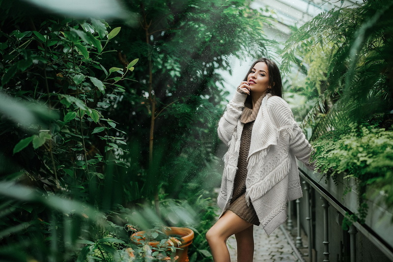 leisure activity, black hair, young women, women, hair, three quarter length, connection, young adult, 1080P, dress, white sweater, Marko Smiljanic, looking at viewer