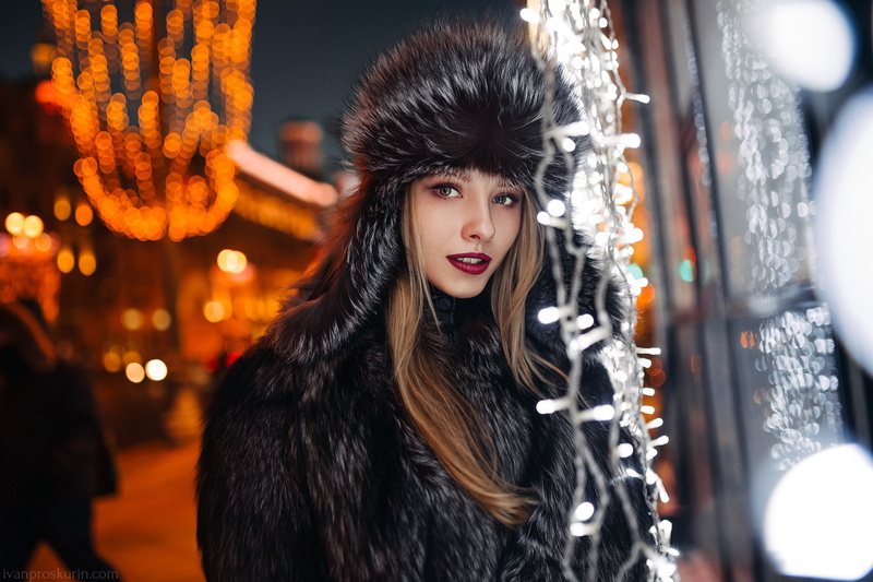 coats, looking at viewer, straight hair, Ivan Proskurin, black coat, women outdoors, street, model, women, red lipstick, bokeh, winter, portrait, fur coats