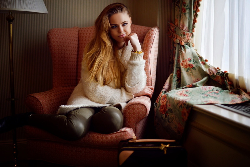 luxury, white sweater, blonde, fashion, leather pants , black pants, young women, hair, contemplation, clothing, Kristina Bazan, model, long hair, sweater
