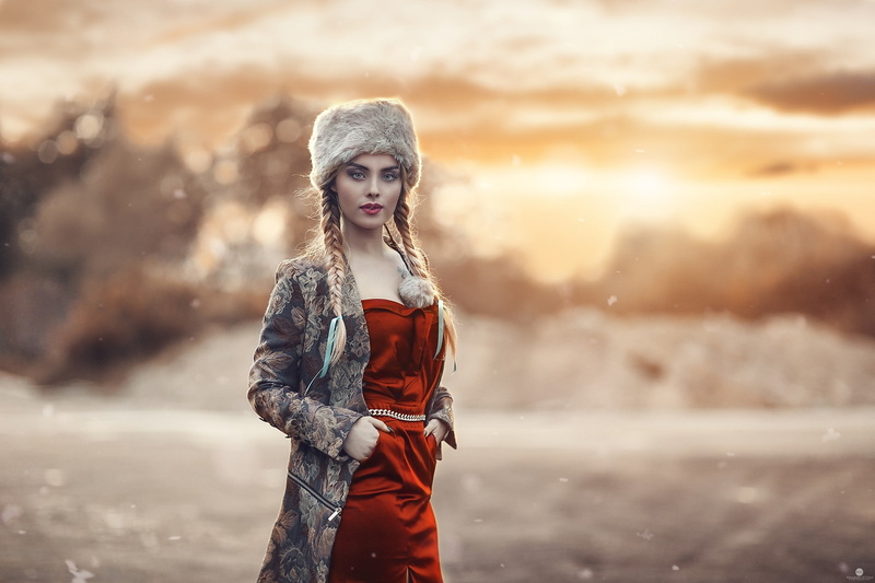 1080P, Alessandro Di Cicco, women, blue eyes, red lipstick, portrait, blonde, hands in pockets, braids, model, women outdoors, fur cap, hat, red dress