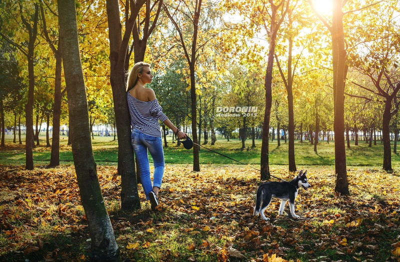 girl, one animal, casual clothing, s, sleeved, woodland, domestic, leash, autumn, shoulder, lifestyles, hairstyle, real people, outdoors, Denis Doronin