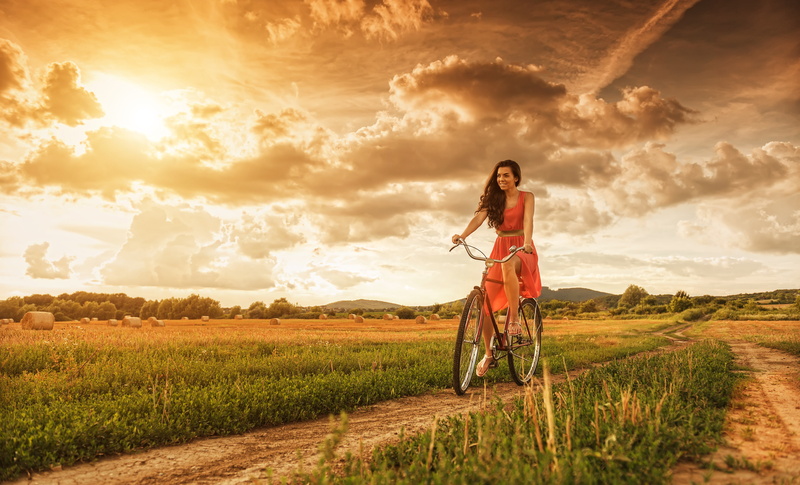 fashion, girl, sunset, road, beautiful woman, bike, sunlight, landscape, women, sky, s, field, the sky, sleeveless, environment, land, outdoors, young adult