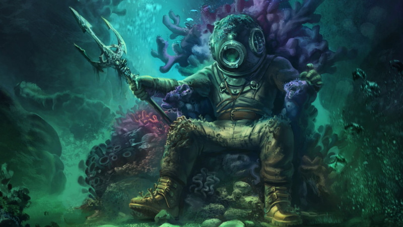 water, outdoors, nature, day, animals in the wild, one person, underwater, character, divers, fish, illustration, tank, animal wildlife, clothing, game