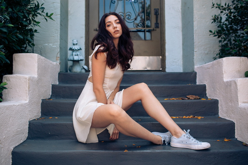 sitting, women, portrait, stairs, sneakers, 720P, white dress