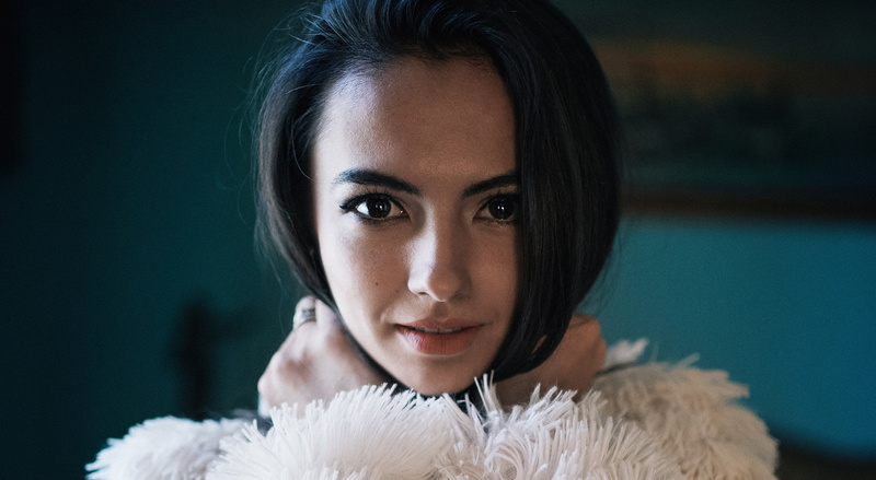 dark hair, hands in hair, open mouth, Paul Toma, brown eyes, 1080P, face, women, portrait, looking at viewer