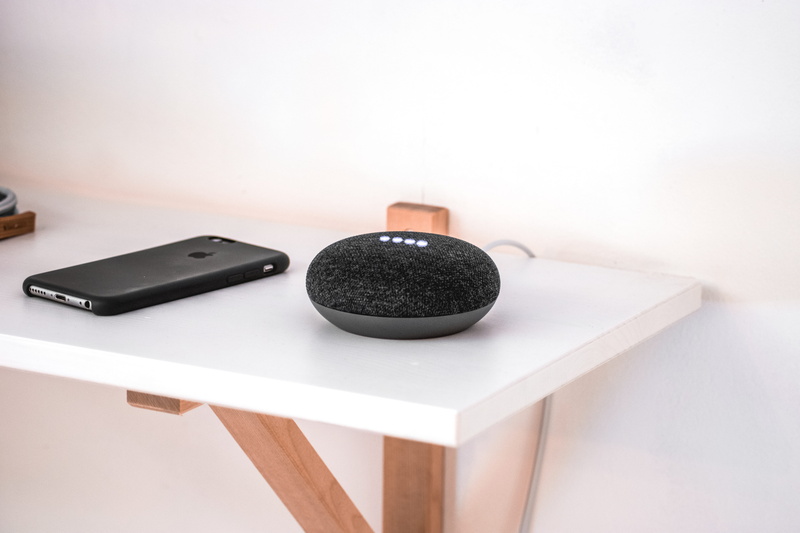 google home, wood, white, close-up, white color, cell phone, beside, 5K, black color, coffee table, electronics, iphone, wireless technology, gray, household equipment