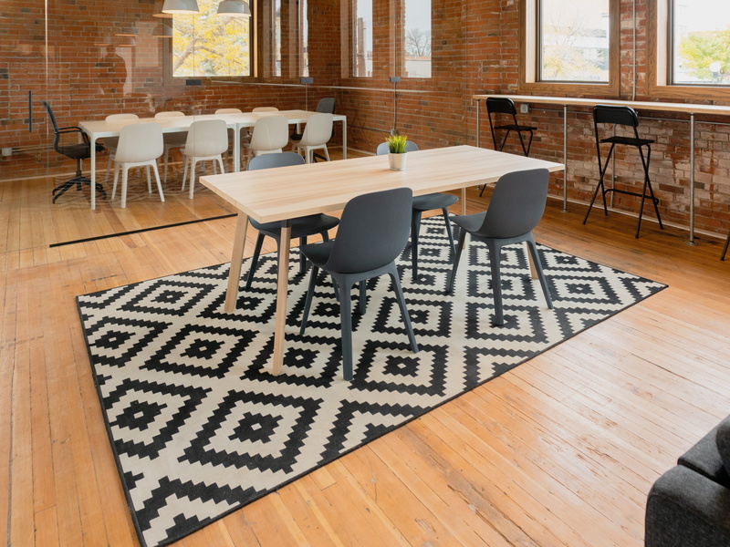 absence, window, beige, interior design, domestic room, dining table, rectangular, hardwood floor, brick wall, wooden, brick, no people, dining room, meeting room