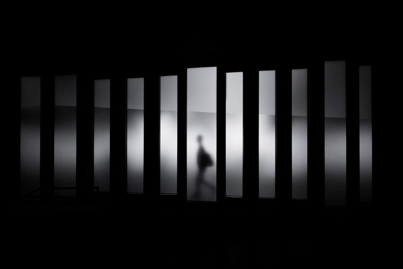 panel, full length, photo, grayscale, standing, day, mystery, illustration, person, 1080P, backgrounds, indoors, dark, black Color, glass - material, people