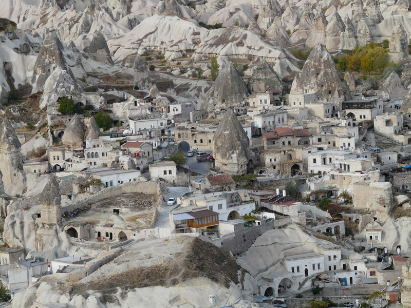 valley, place, 2K, mountain, tufa formations, house, concrete, townscape, aerial, building, rock formations, no people, fairy chimneys, tufa, architecture