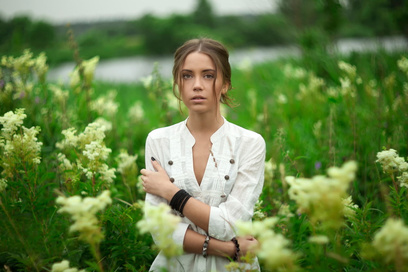 s, white, shirt, sleeved, long, women, Kseniya Kokoreva, neckline, dress, 1080P