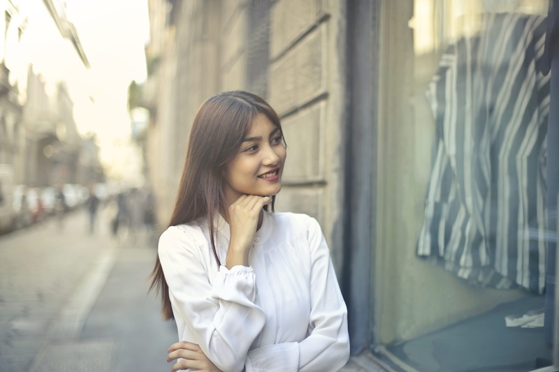 daylight, people, long hair, pretty, adult, city, clothes, looking, real people, white, glass, store, one person, beautiful, standing, female, gray, portrait