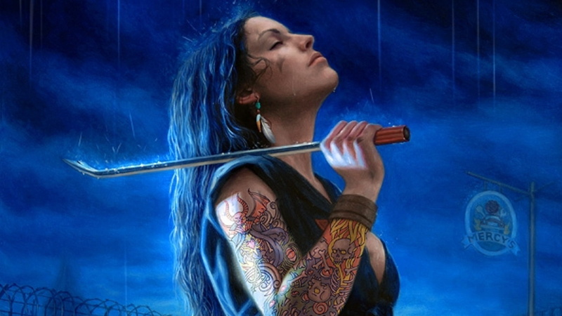 sleeve, plunging, weapon, hd, silver, woman, sleeveless, black, holding, tattoo, brown, dress, fantasy, 1080P, full