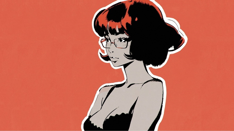 haircut, bangs, sponge, red background, portrait of a girl, shoulders, neckline, 1080P, Ilya Kuvshinov, glasses