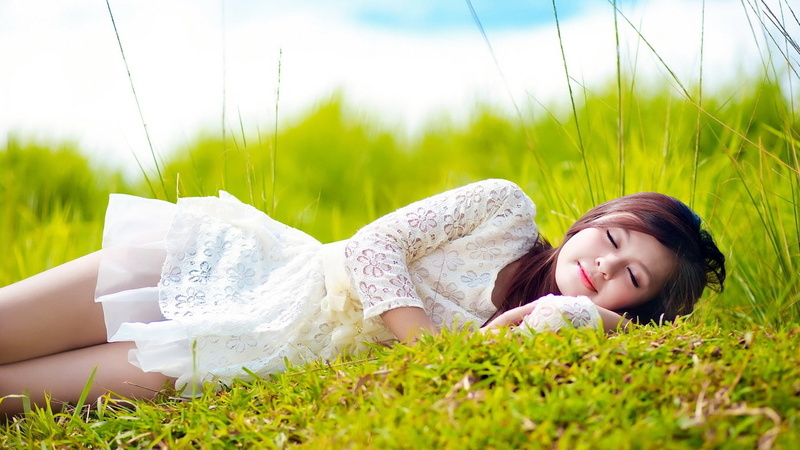childhood, positive emotion, emotion, hair, short skirt, one person, nature, girls, long hair, smiling, plain, hairstyle, closed eyes, sleeping, cute, brunette