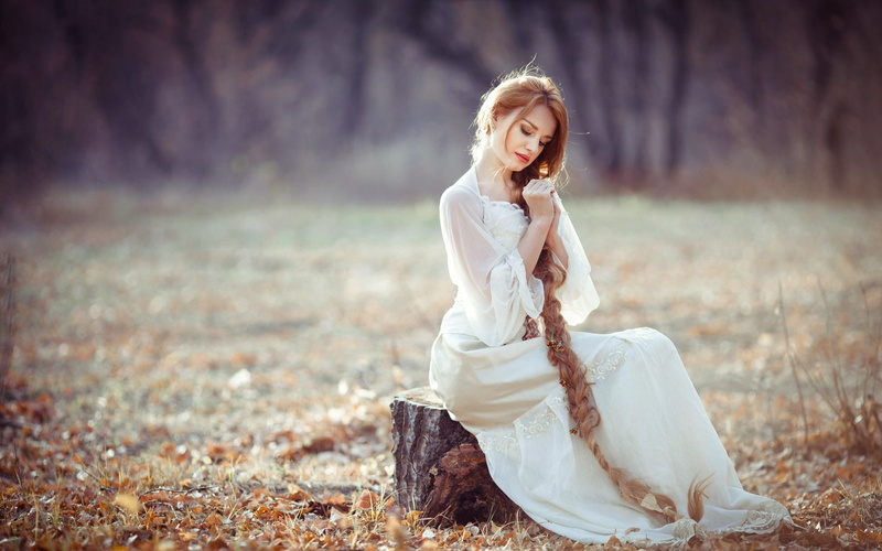 trees, beautiful, redheads, grass, long hair, women, models, cute, look, 2K, figure, stump, dresses, outdoors, autumn, layers, nature, white dresses, model