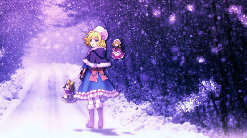 blue eyes, Bangs, Women Outdoors, Blonde, dress, Blue Dress, boots, Short Hair, road, 1080P, Trees, Looking Back, touhou, Alice Margatroid, Anime Girls