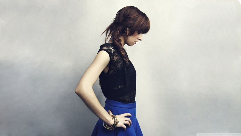 model, standing, long hair, young adult, face, top, blue, one person, black, profile, blue dress, brown hair, Christina Grimmie, skirt, side view, sleeveless