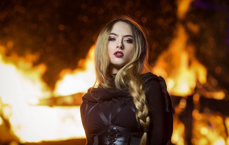blonde, hair, braids, hairstyle, night, flame, fire - natural phenomenon, beautiful woman, 1080P, inferno, Joachim Bergauer, adult, young adult, long hair