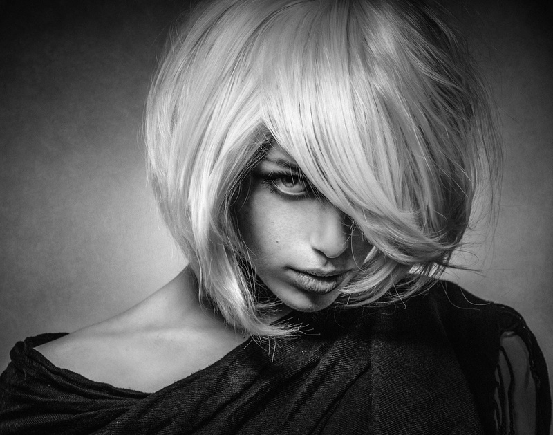 bangs, hairstyle, blond hair, human face, monochrome, portrait, adult, studio shot, beautiful woman, front view, human hair, headshot, indoors, hair, one person