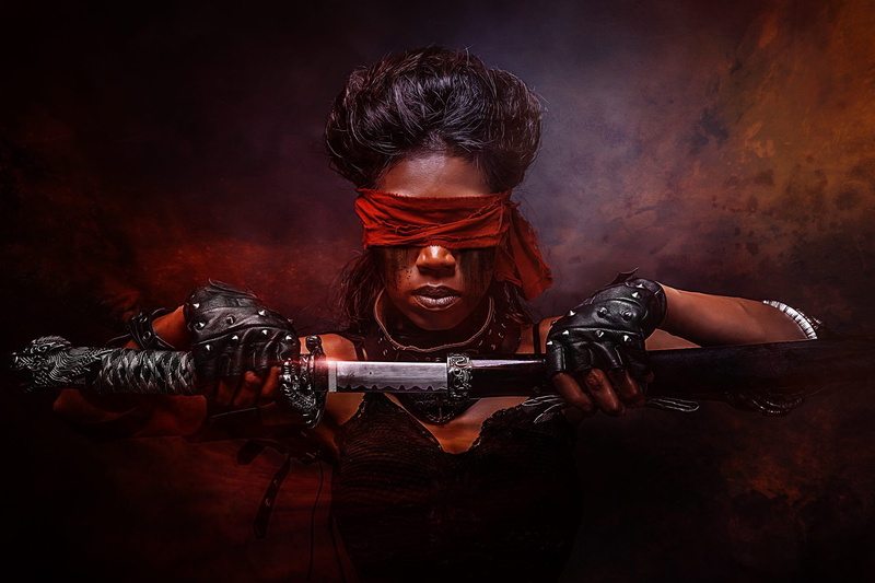 face, photography, model, fantasy, 1080P, girl, blindfold, woman, weapon, ebony, katana, dark, sword